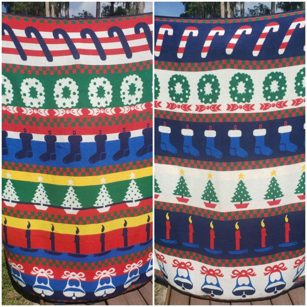 San Marcos Christmas Reversible Blanket Cane Stocking Wreath Candle Bells HEAVY